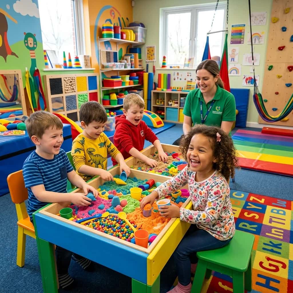 Happy child engaging in sensory play during therapy