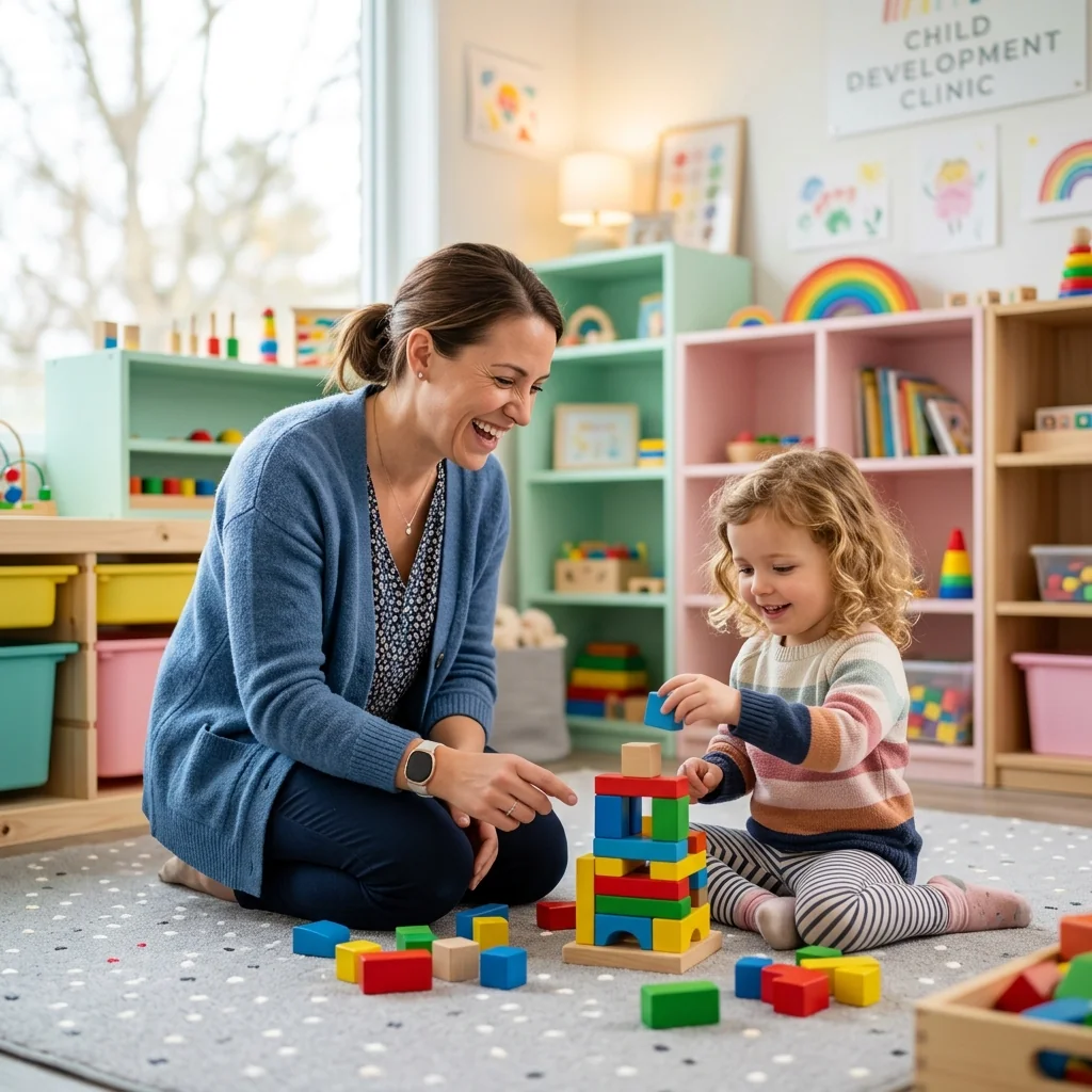 Therapist helping a child in a bright clinic